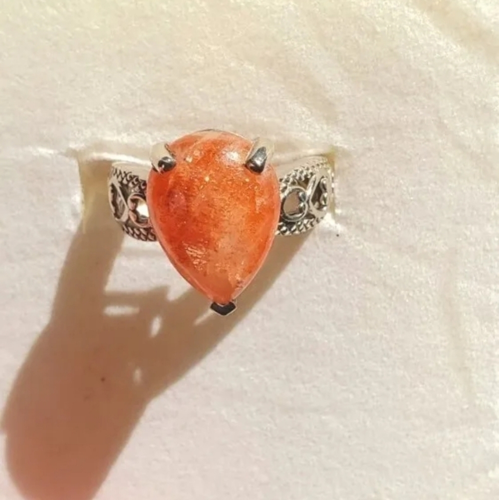 Korevora Sunstone Ring Platinum Sterling Silver Size 7